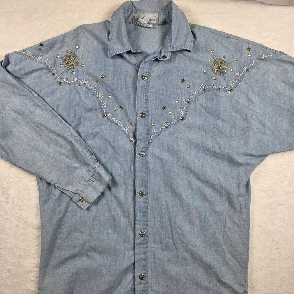 Freego Western Chambray Shirt Womens M Vintage Star Embellished Good Condition